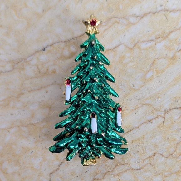 Vintage Christmas Pair Enamel Tree & Horse Sleigh Ride Holiday Brooches Pins - Picture 3 of 9